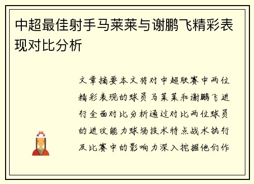 中超最佳射手马莱莱与谢鹏飞精彩表现对比分析