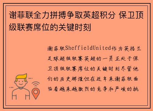 谢菲联全力拼搏争取英超积分 保卫顶级联赛席位的关键时刻